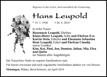 Traueranzeige von Hans Leupold von Südthüringer Presse