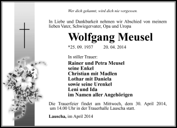 Traueranzeige von Wolfgang Meusel von Südthüringer Presse