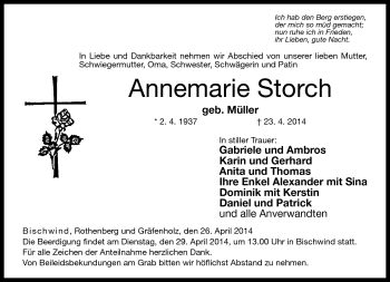 Traueranzeige von Annemarie Storch von Neue Presse Coburg