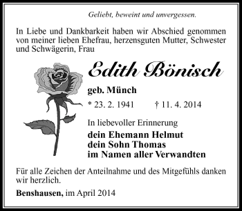 Traueranzeige von Edith Bönisch von Südthüringer Presse