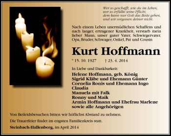 Traueranzeige von Kurt Hoffmann von Südthüringer Presse
