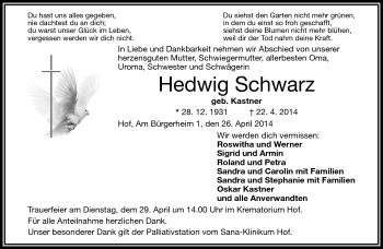 Traueranzeige von Hedwig Schwarz von Frankenpost