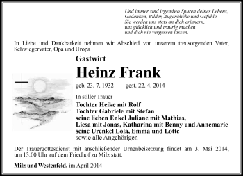 Traueranzeige von Heinz Frank von Südthüringer Presse