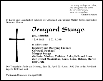 Traueranzeige von Irmgard Stange von Südthüringer Presse