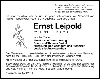 Traueranzeige von Ernst Leipold von Südthüringer Presse