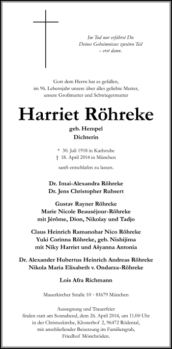 Traueranzeige von Harriet Röhreke von Neue Presse Coburg