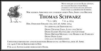 Traueranzeige von Thomas Schwarz von Frankenpost