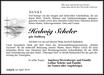 Traueranzeige von Hedwig Scheler von Südthüringer Presse