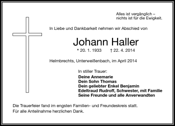 Traueranzeige von Johann Haller von Frankenpost