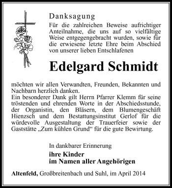 Traueranzeige von Edelgard Schmidt von Südthüringer Presse