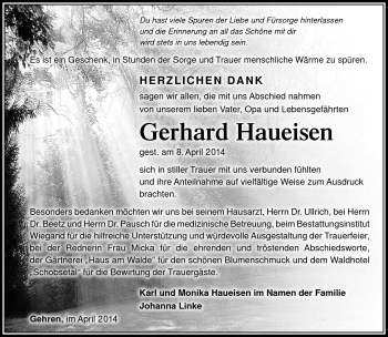 Traueranzeige von Gerhard Haueisen von Südthüringer Presse