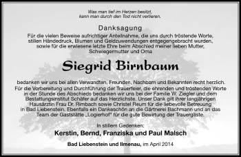 Traueranzeige von Siegrid Birnbaum von Südthüringer Presse