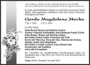Traueranzeige von Gerda Magdalena Mecke von Südthüringer Presse