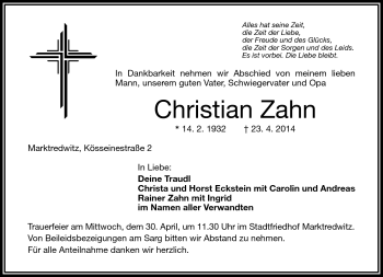 Traueranzeige von Christian Zahn von Frankenpost