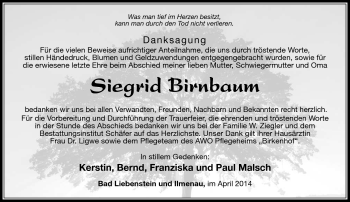 Traueranzeige von Siegrid Birnbaum von Südthüringer Presse