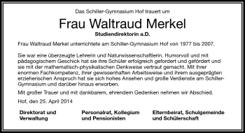 Traueranzeige von Waltraud Merkel von Frankenpost
