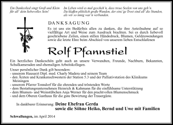 Traueranzeige von Rolf Pfannstiel von Südthüringer Presse