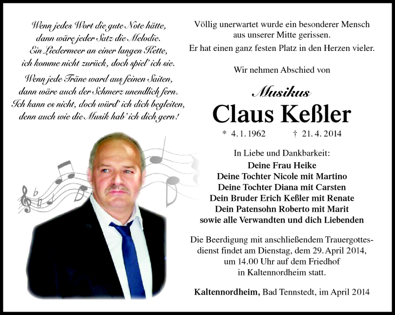  Traueranzeige für Claus Keßler vom 25.04.2014 aus Südthüringer Presse