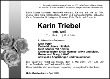 Traueranzeige von Karin Triebel von Südthüringer Presse