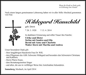 Traueranzeige von Hildegard Hauschild von Südthüringer Presse