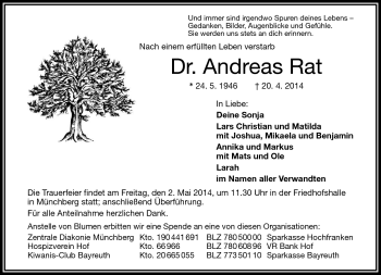 Traueranzeige von Andreas Rat von Frankenpost
