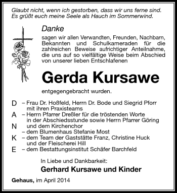 Traueranzeige von Gerda Kursawe von Südthüringer Presse