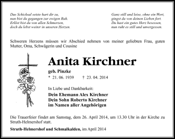 Traueranzeige von Anita Kirchner von Südthüringer Presse