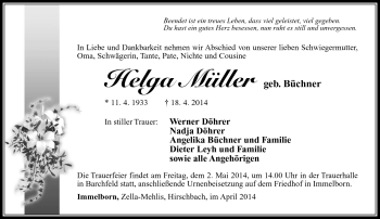 Traueranzeige von Helga Müller von Südthüringer Presse