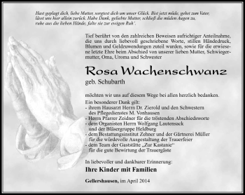 Traueranzeige von Rosa Wachenschwanz von Südthüringer Presse