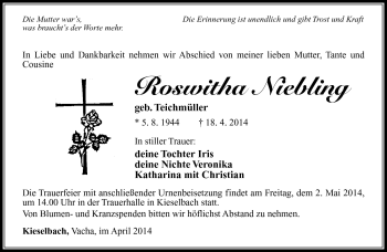 Traueranzeige von Roswitha Niebling von Südthüringer Presse