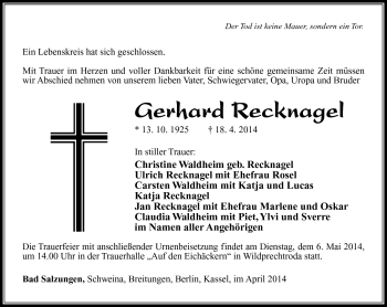 Traueranzeige von Gerhard Recknagel von Südthüringer Presse