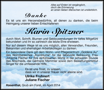 Traueranzeige von Karin Spitzner von Südthüringer Presse