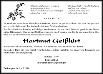 Traueranzeige von Hartmut Geißhirt von Südthüringer Presse