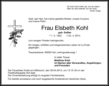 Traueranzeige von Elsbeth Kohl von Frankenpost