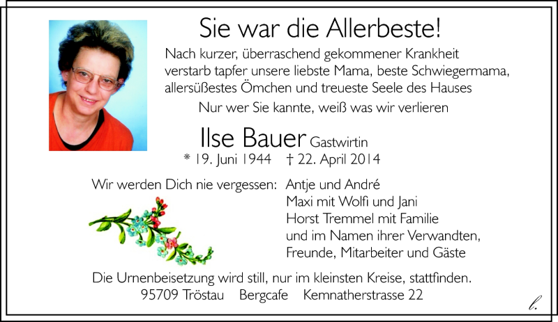  Traueranzeige für Ilse Bauer vom 26.04.2014 aus Frankenpost