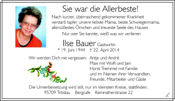 Traueranzeige von Ilse Bauer von Frankenpost