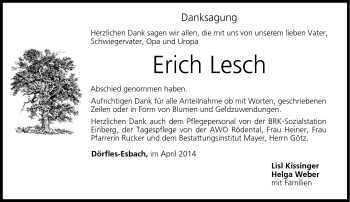 Traueranzeige von Erich Lesch von Neue Presse Coburg