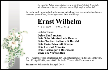 Traueranzeige von Ernst Wilhelm von Südthüringer Presse
