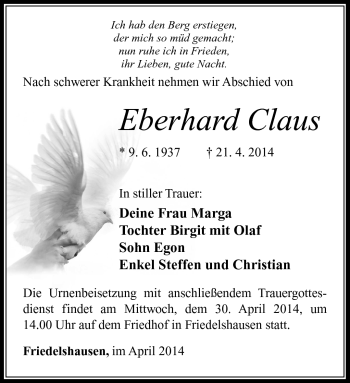 Traueranzeige von Eberhard Claus von Südthüringer Presse