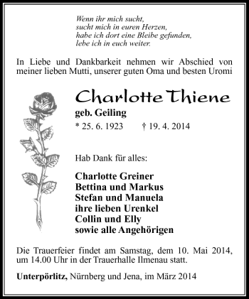 Traueranzeige von Charlotte Thiene von Südthüringer Presse