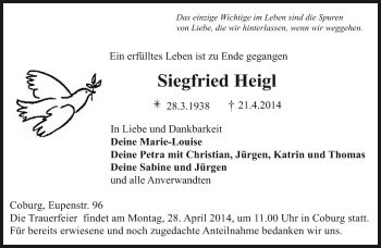 Traueranzeige von Siegfried Heigl von Neue Presse Coburg