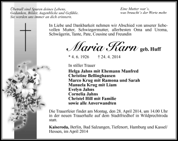 Traueranzeige von Maria Karn von Südthüringer Presse