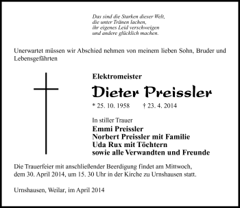 Traueranzeige von Dieter Preissler von Südthüringer Presse