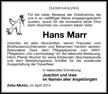Traueranzeige von Hans Marr von Südthüringer Presse