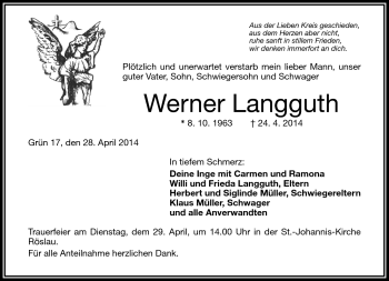 Traueranzeige von Werner Langguth von Frankenpost