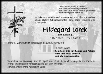 Traueranzeige von Hildegard Lorek von Frankenpost