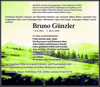 Traueranzeige von Bruno Günzler von Südthüringer Presse