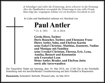 Traueranzeige von Paul Antler von Südthüringer Presse