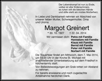 Traueranzeige von Margot Greinert von Frankenpost