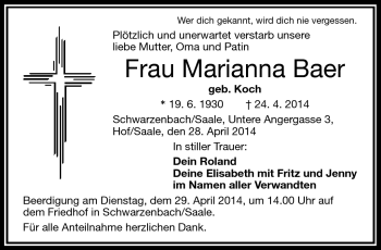 Traueranzeige von Marianna Baer von Frankenpost